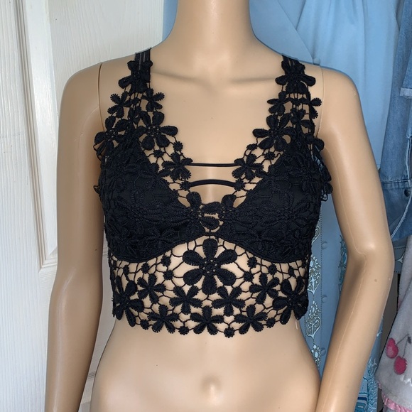 Black lace bra top crop bustier bralette flower cami - Picture 12 of 12